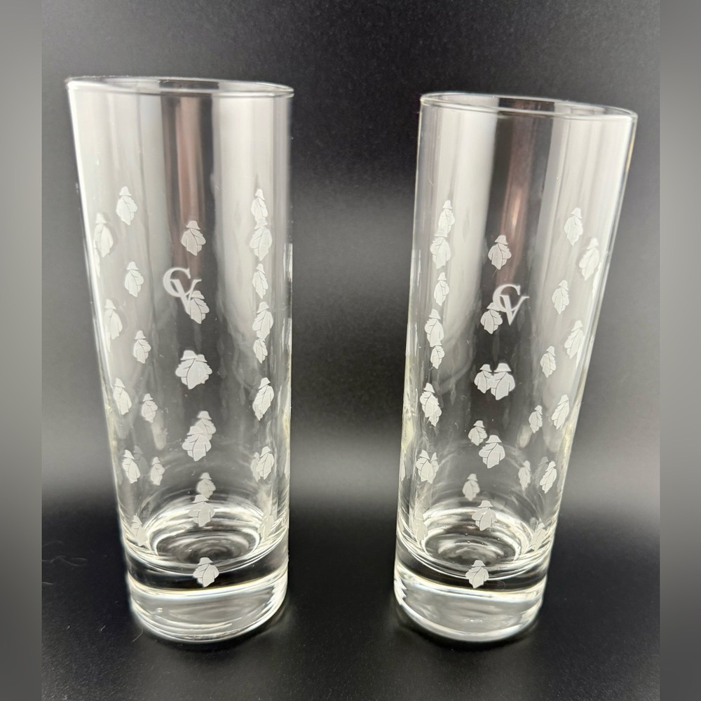 2 Courvoisier CV Cognac highball glasses w/white etched logo pattern. France